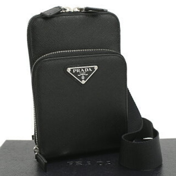 Prada Saffiano Leather Smartphone Case Shoulder Bag Black Triangle - Picture 1 of 8
